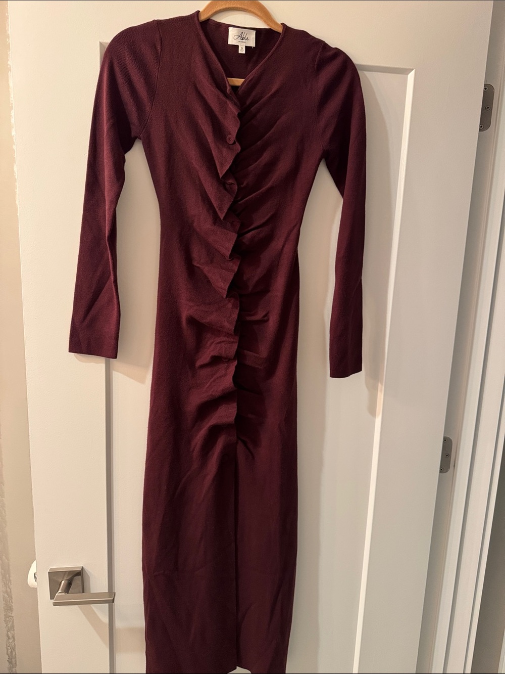 Able Long Sleeve Ruffle button Front Maxi Dress - Burgundy NWOT